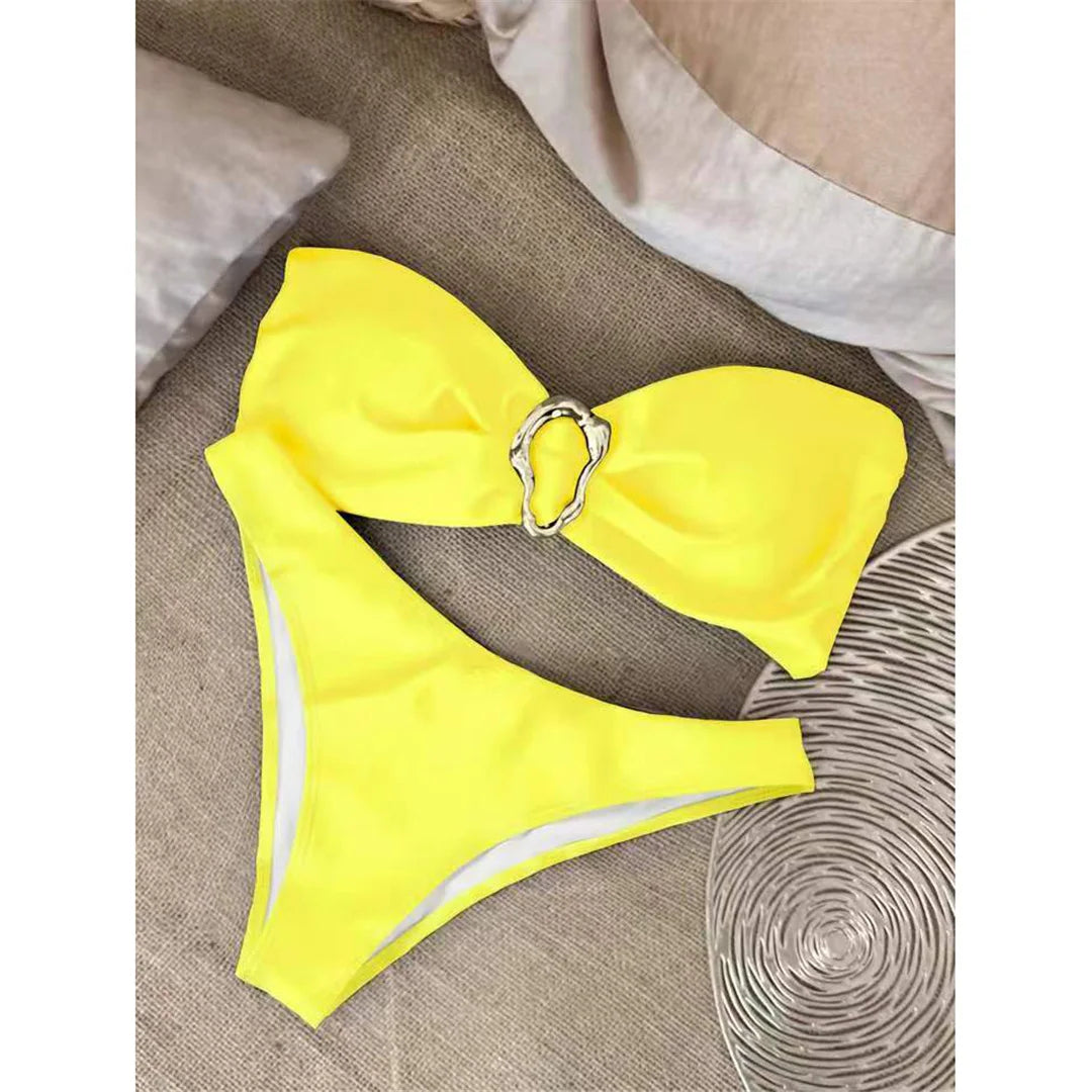 7 Colors Bandeau Metal Ring Brazilian Bikini Female Swimsuit Women Swimwear Two-Pieces Bikini Set Bather Bathing Suit Swim V6516