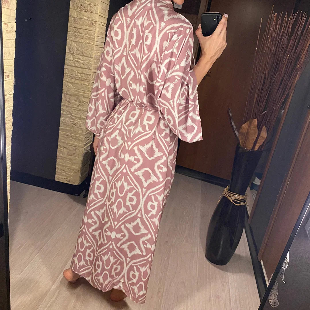 Printed Long Sleeve With Belt V Neck Beach Dress Beach Wear Beachwear Beach Cover Up Cover-upsWomen sunscreen clothing V6174