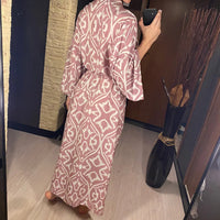 Printed Long Sleeve With Belt V Neck Beach Dress Beach Wear Beachwear Beach Cover Up Cover-upsWomen sunscreen clothing V6174