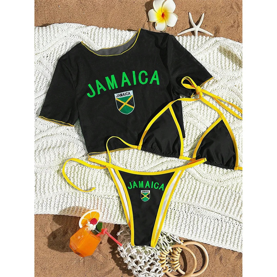 S -XL Cherry Printed Short Sleeve Bikini Female Swimsuit Women Swimwear Three-Pieces Bikini Set Bather Bathing Suit Swim V6854
