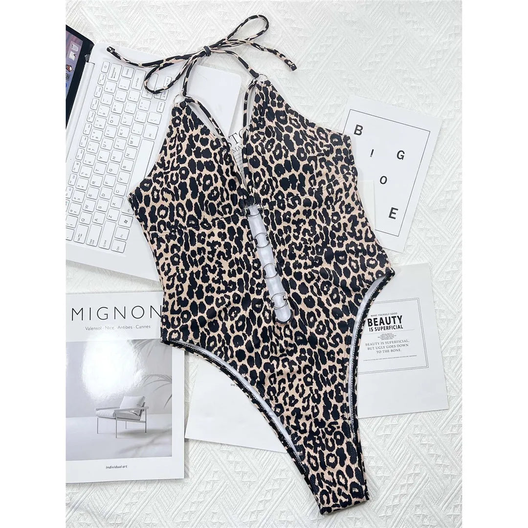 Leopard Metal Rings Halter Cut Out Monokini Women Swimwear One Piece Swimsuit Female High Leg Cut Bather Bathing Suit Swim V3752