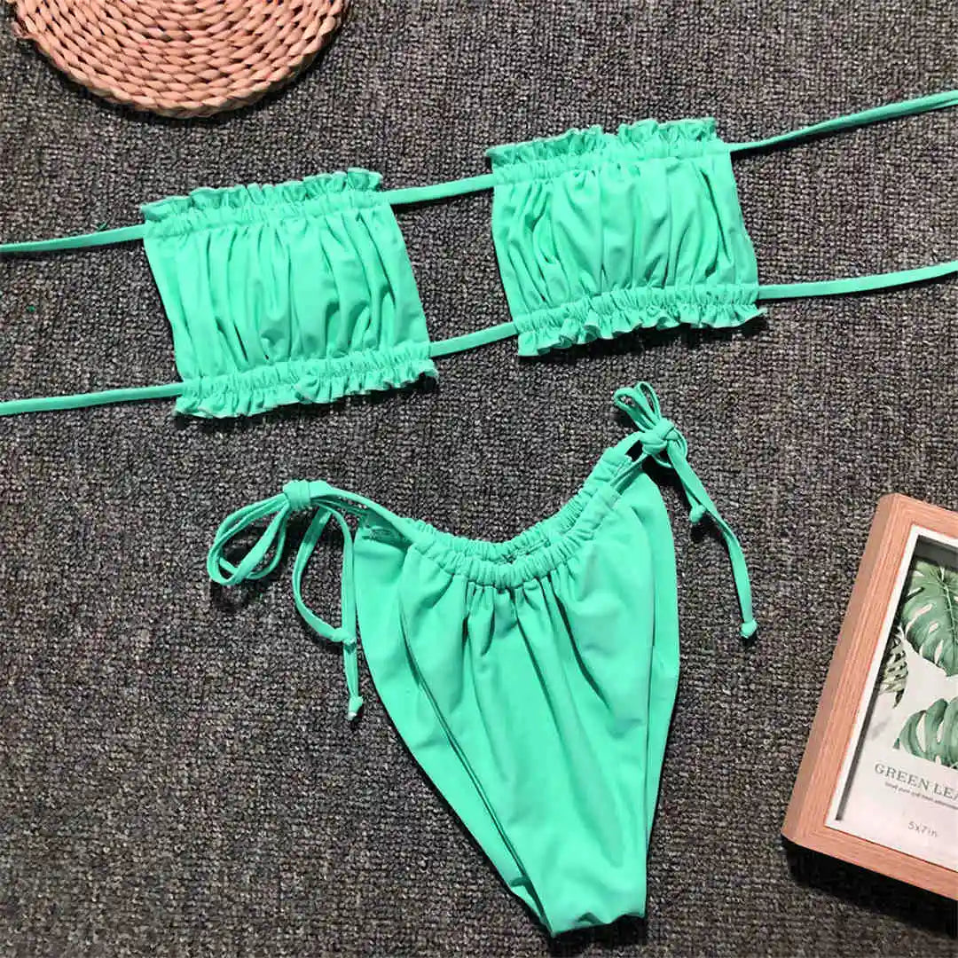 Sexy Leopard Bandeau Brazilian Bikini Swimsuit Female Swimwear Women Two-Pieces Bikini Set Pleated Bather Bathing Suit V1242L
