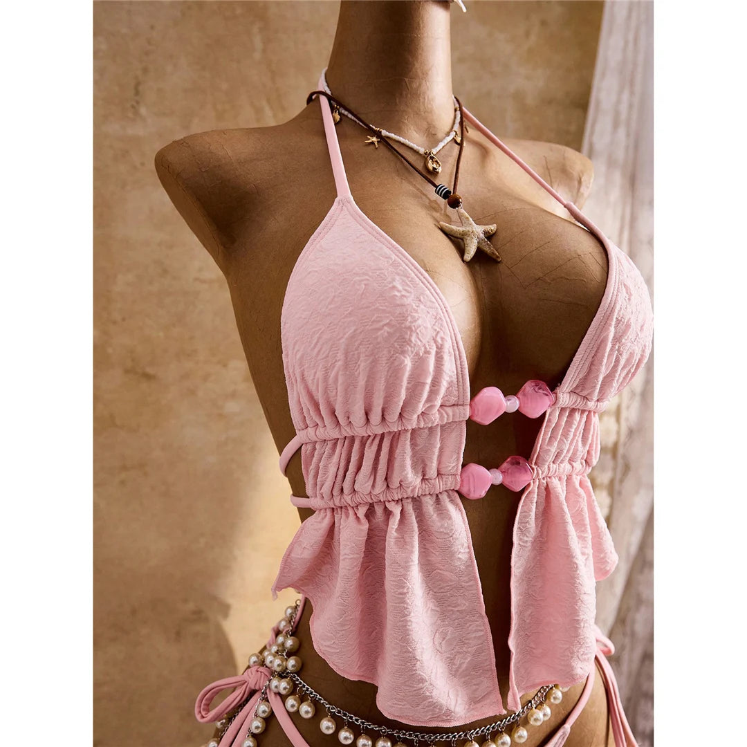 S - XL Wrinkled Bikini Halter Tankini Female Swimsuit Women Swimwear Two-Pieces Bikini Set Padded Bather Bathing Suit Swim V7819