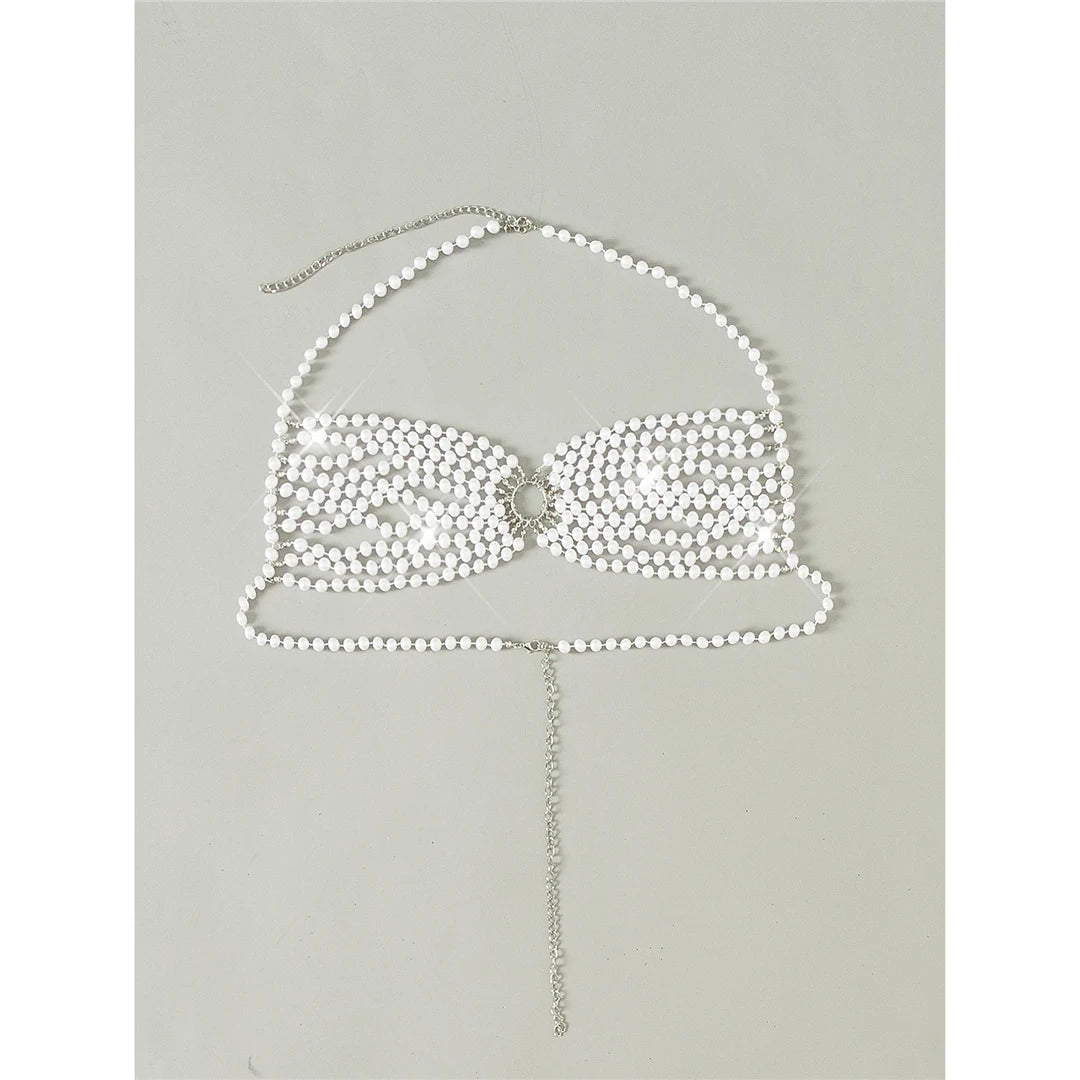Luxury Pearls Halter See Through Bikini Top Female Swimsuit Women Swimwear Bather Bathing Suit Swim Hollow Out Beach Top V5407