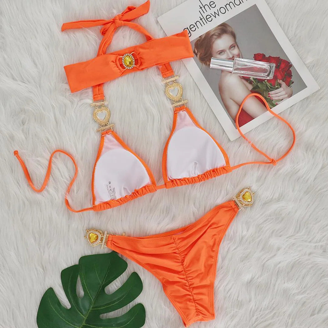 Diamond Rhinestone Bikini  Female Swimsuit Women Swimwear Two-Pieces Bikini Set With Hairbands Bather Bathing Suit Swim V3047G