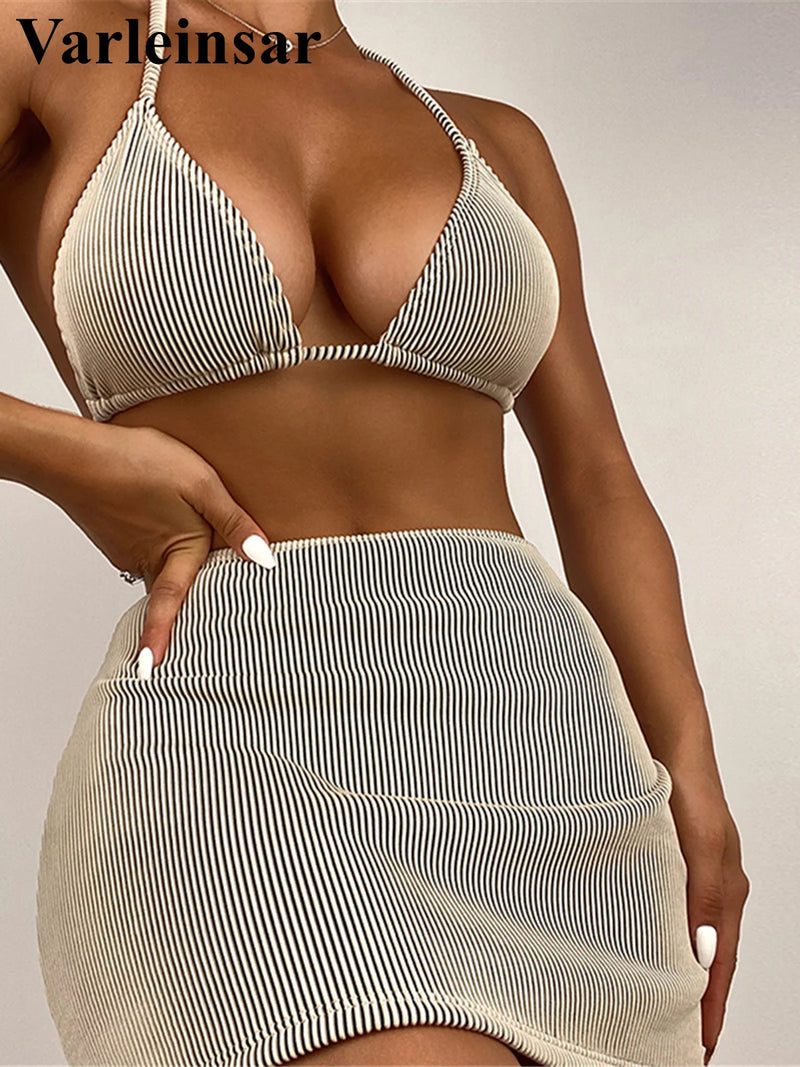 S - XL New With Skirt Ribbed Halter Bikini Female Swimsuit Women Swimwear Three-Pieces Bikini Set Bather Bathing Suit Swim V4351