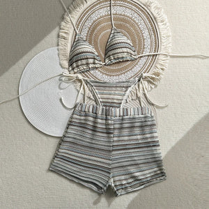 Bikini rayé triangle avec short taille élastique beige et bleu