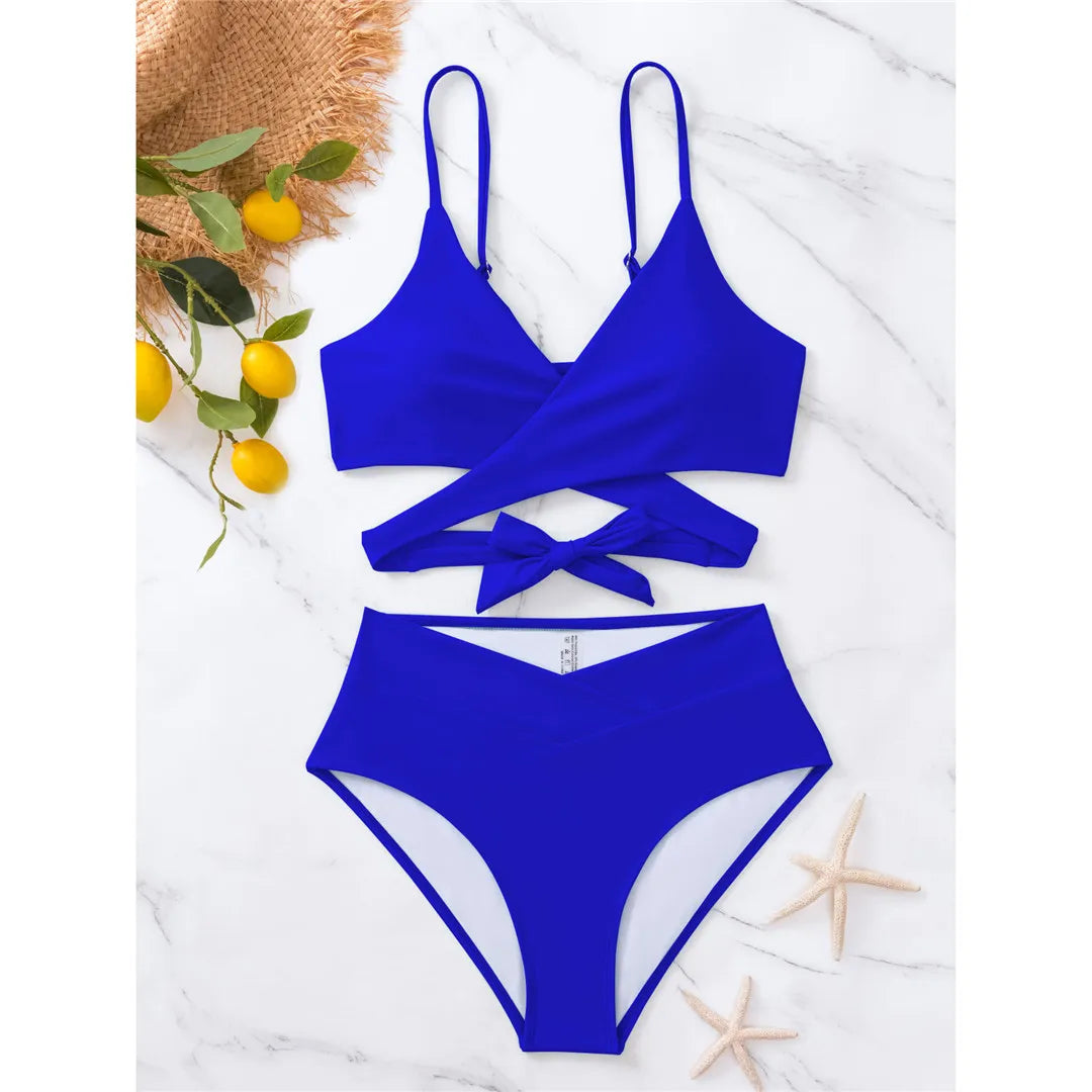 S - XL New 7 Colors V Neck High Waist Bikini Female Swimsuit Women Swimwear Two-Pieces Bikini Set Bather Bathing Suit Swim V5006