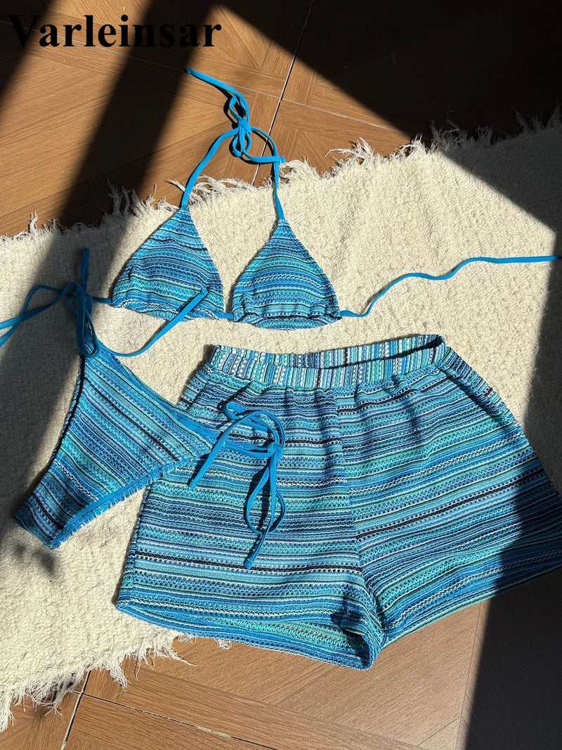 New Sexy Striped Halter Bikini Women Swimwear Three-Pieces Bikini Set With Shorts Female Swimsuit Bathing Suit Bather Swim V6326