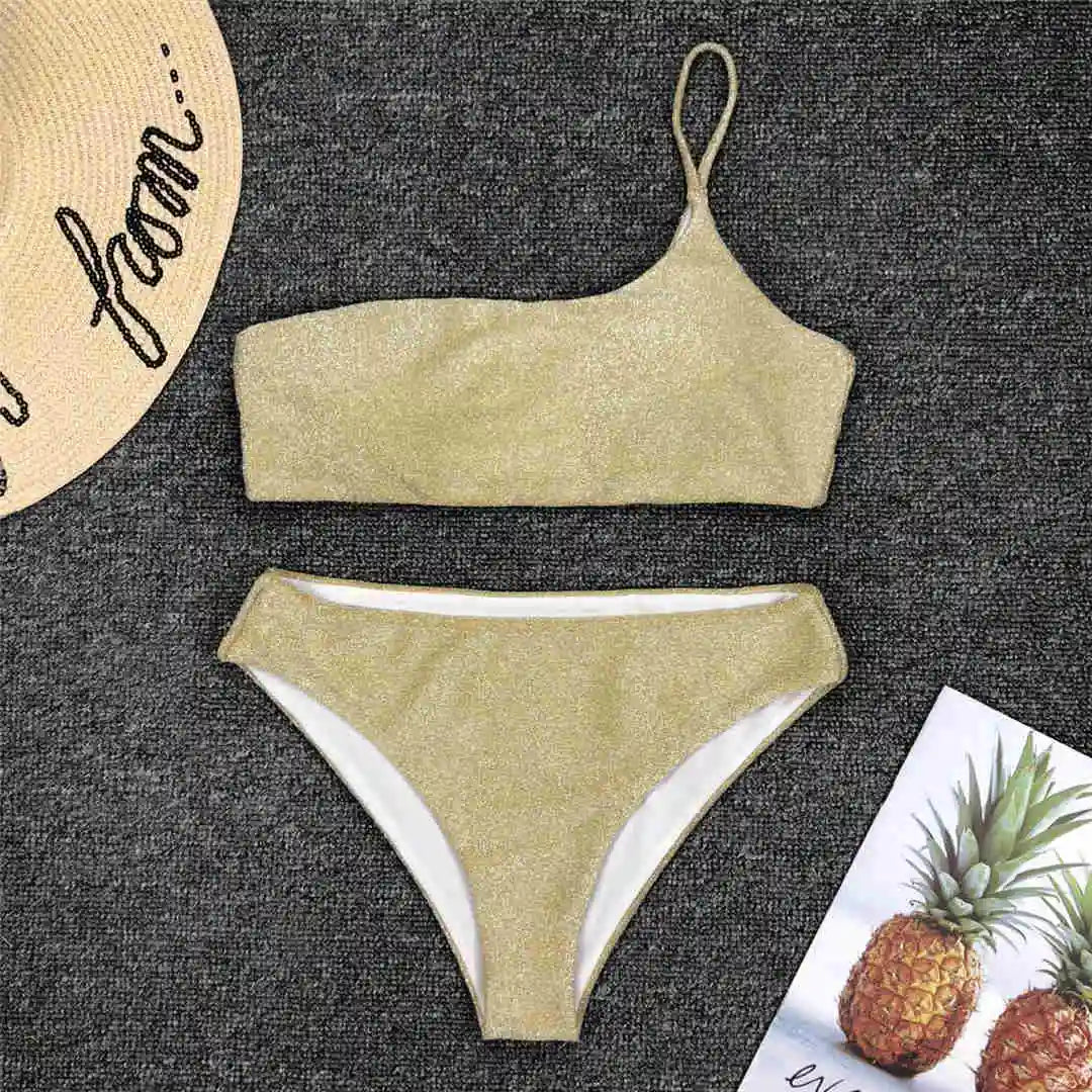Shiny Glitter Sparkling High Waist Bikini Female Swimsuit Women Swimwear Two-Pieces Bikini Set One Shoulder Bathing Suit V1264