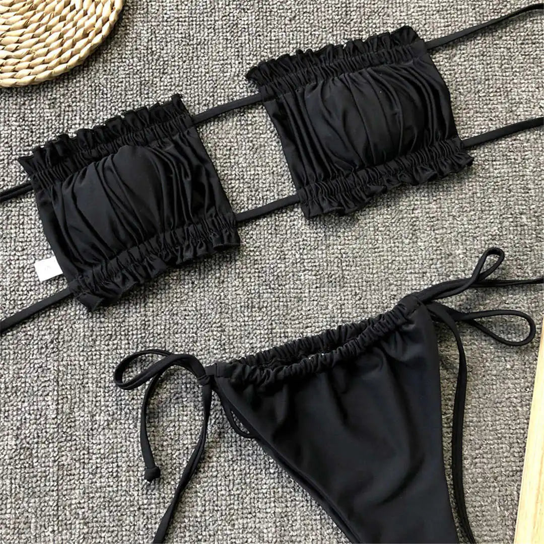 Sexy Leopard Bandeau Brazilian Bikini Swimsuit Female Swimwear Women Two-Pieces Bikini Set Pleated Bather Bathing Suit V1242L
