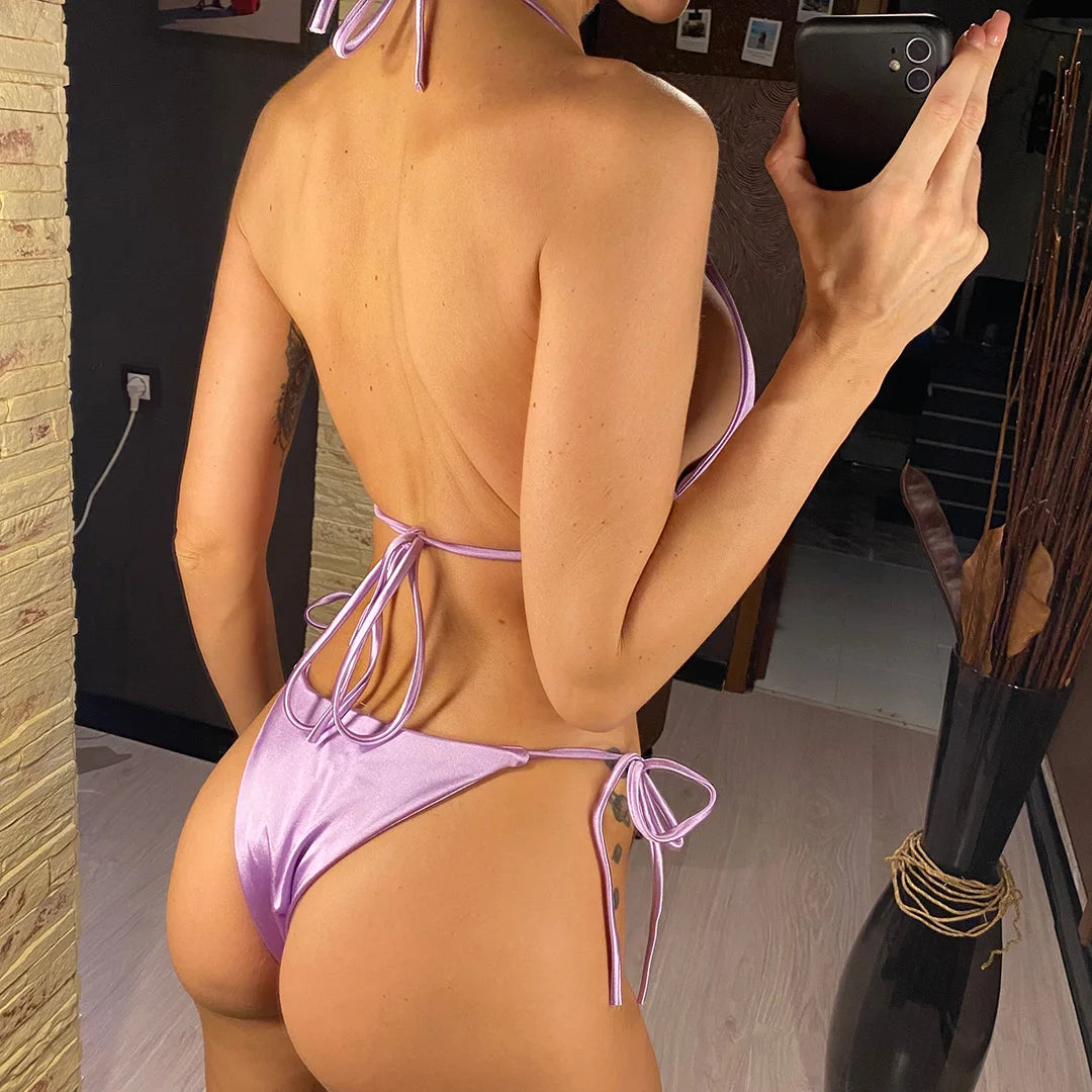 Sexy 13 Colors Halter Satin Brazilian Bikini Women Swimwear Female Swimsuit Two-Pieces Bikini Set Bather Bathing Suit Swim V4966