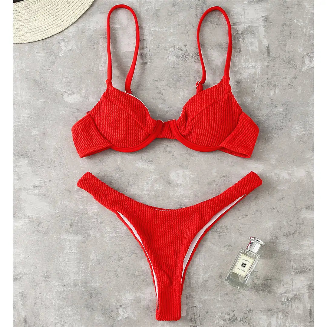 New Ribbed Underwired High Cut Bikini Swimsuit Female Swimwear Women Two-Pieces Bikini Set Thong Bather Bathing Suit Swim V2697B