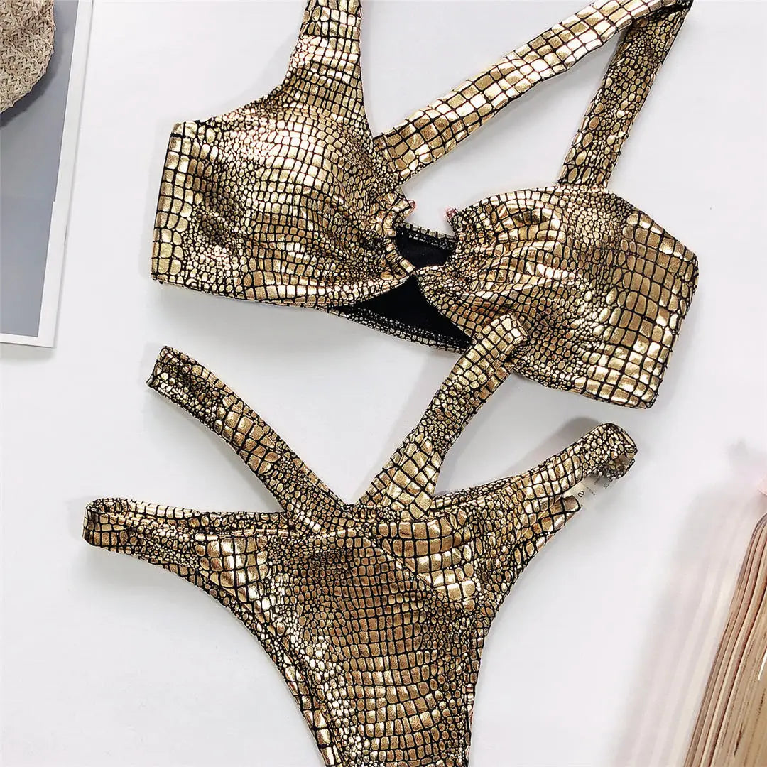 Sexy Snake Printed Asymmetric Bikini Female Swimsuit Women Swimwear Two-Pieces Bikini Set Strappy Bather Bathing Suit Swim V1923