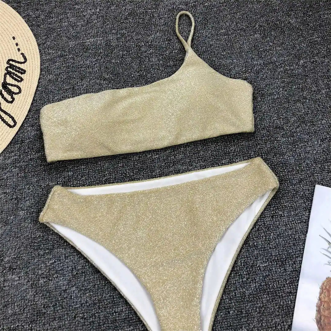 Shiny Glitter Sparkling High Waist Bikini Female Swimsuit Women Swimwear Two-Pieces Bikini Set One Shoulder Bathing Suit V1264