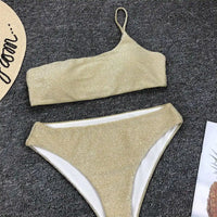 Shiny Glitter Sparkling High Waist Bikini Female Swimsuit Women Swimwear Two-Pieces Bikini Set One Shoulder Bathing Suit V1264