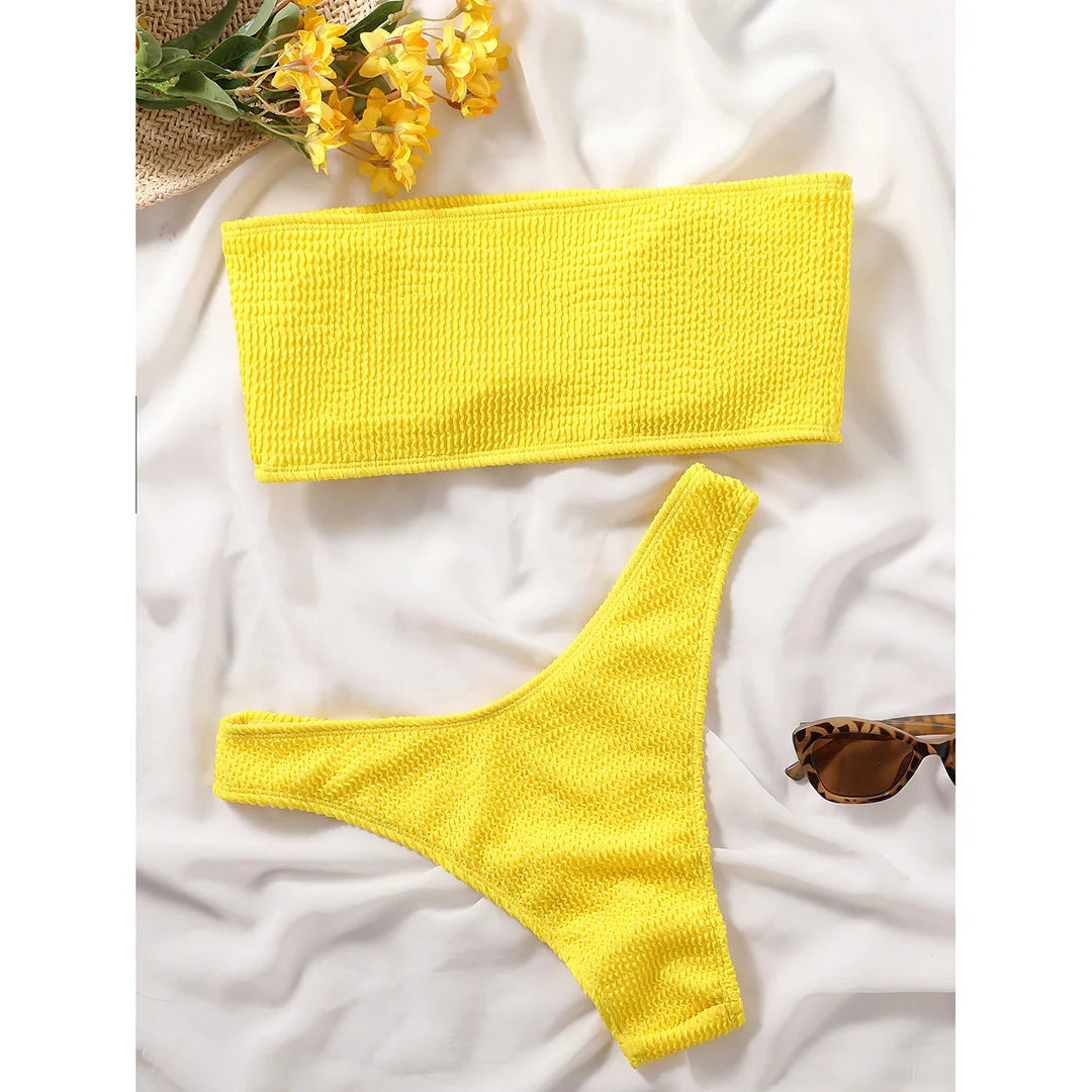 Bandeau Wrinkled Crinkled Bikini Female Swimsuit Women Swimwear Two-Pieces Bikini Set High Cut Bather Bathing Suit Swim V3314