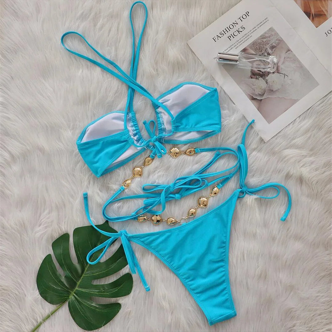 Sexy Diamond Rhinestones Wrap Around Bikini Female Swimsuit Women Swimwear Two-Pieces Bikini Set Bather Bathing Suit Swim V5167