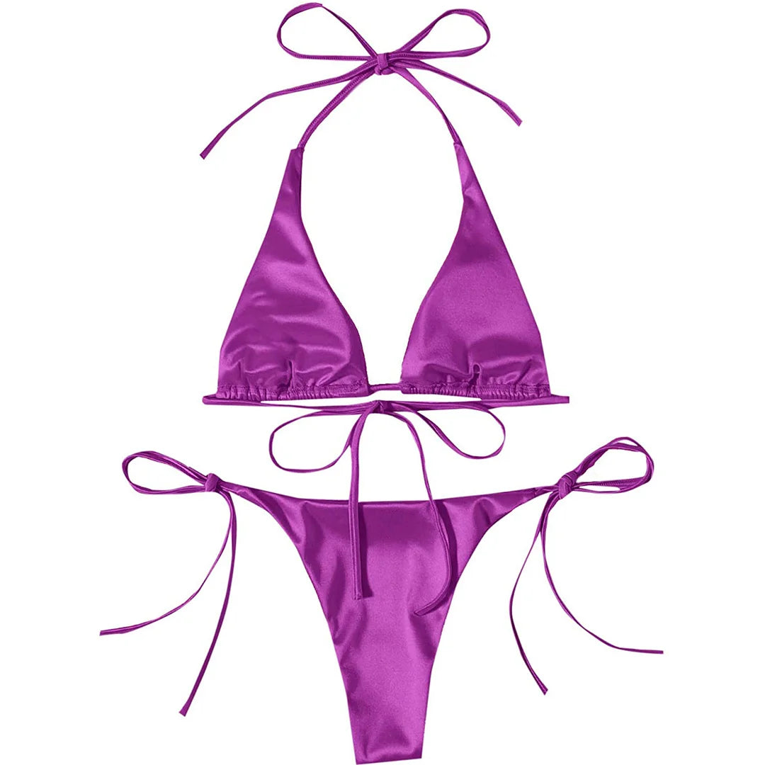Sexy 13 Colors Halter Satin Brazilian Bikini Women Swimwear Female Swimsuit Two-Pieces Bikini Set Bather Bathing Suit Swim V4966