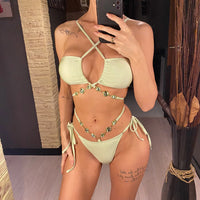 Sexy Diamond Rhinestones Wrap Around Bikini Female Swimsuit Women Swimwear Two-Pieces Bikini Set Bather Bathing Suit Swim V5167