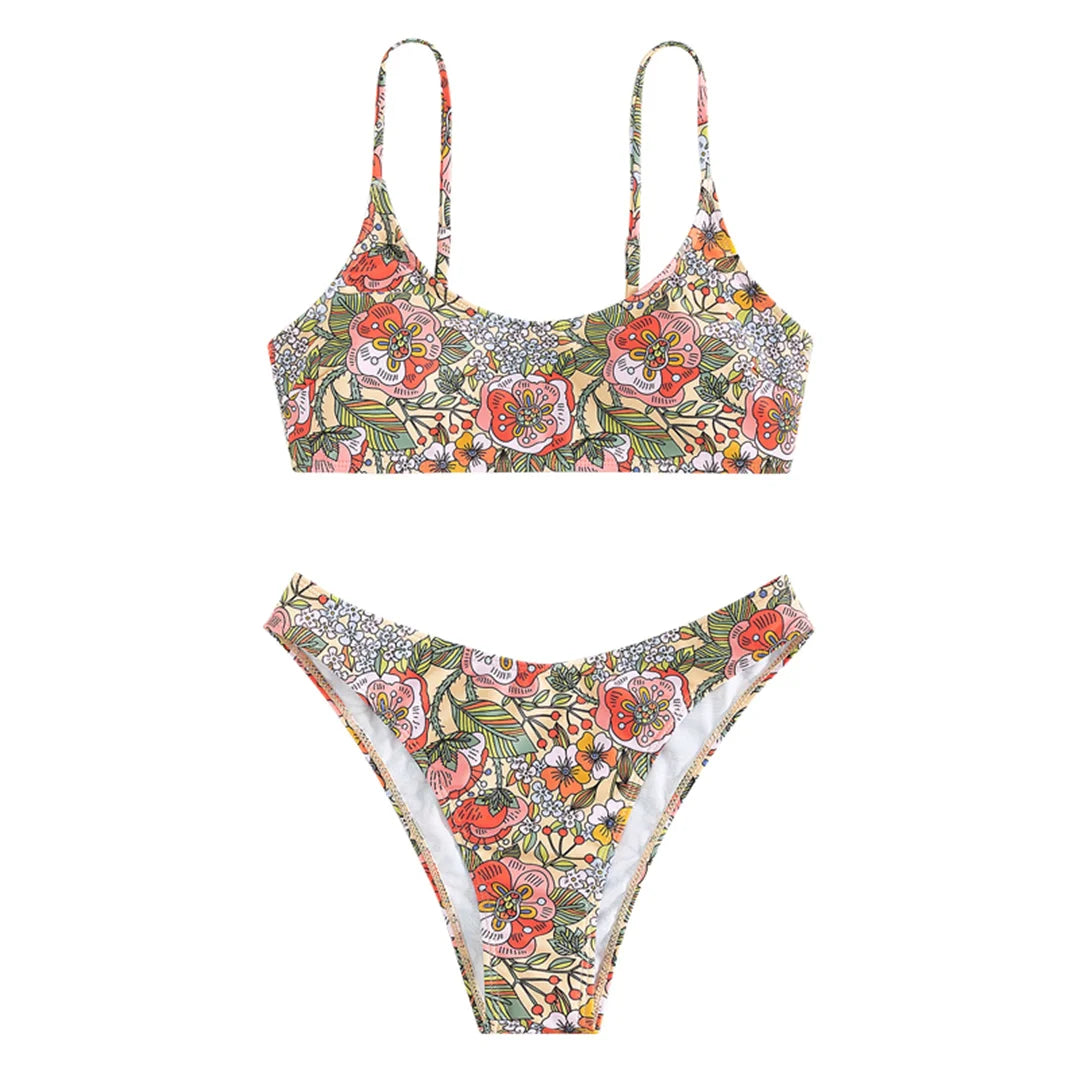 Floral Printed Brazilian Mid Waist Bikini Women Swimwear Female Swimsuit Two-Pieces Bikini Set Bather Bathing Suit Swim V5002