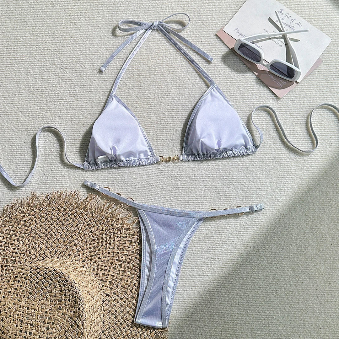 New PU Faux Leather Halter Mini Thong Bikini Female Swimsuit Women Swimwear Two-Pieces Bikini Set Bather Bathing Suit Swim V5206