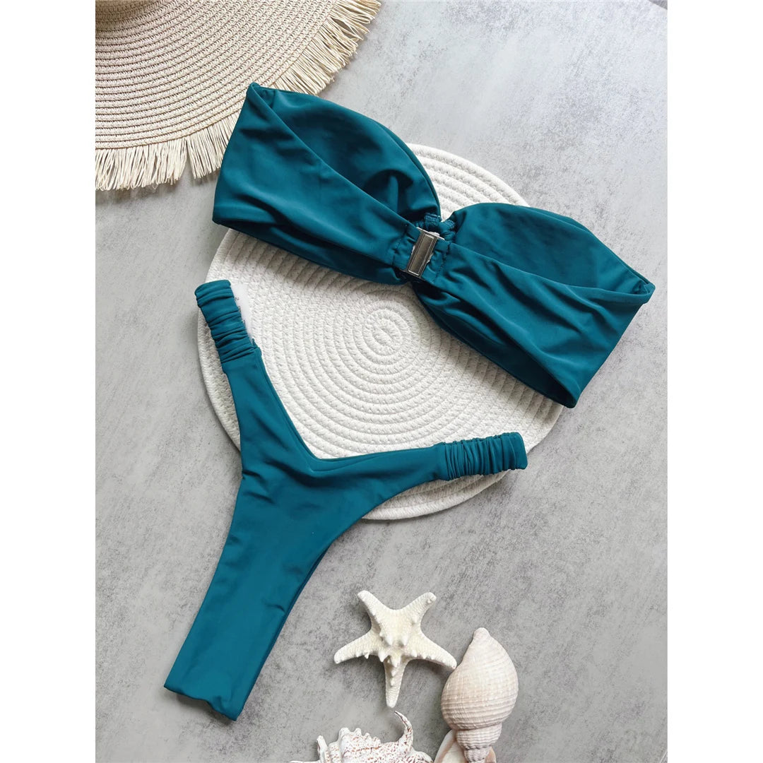 Wrinkled Bandeau High Cut Mini Thong Bikini Female Swimsuit Women Swimwear Two-Pieces Bikini Set Bather Bathing Suit Swim V6085