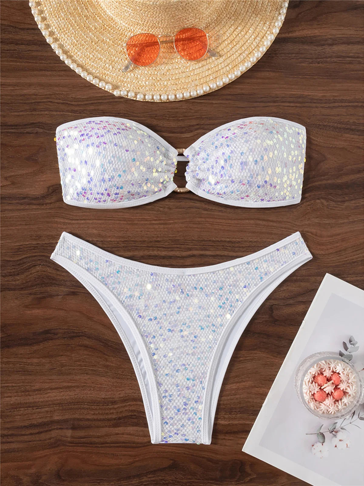 5 Colors Sequins Shiny Bling Women Swimwear Bandeau Bikini Female Swimsuit Two-Pieces Bikini Set Bather Bathing Suit Swim V7311