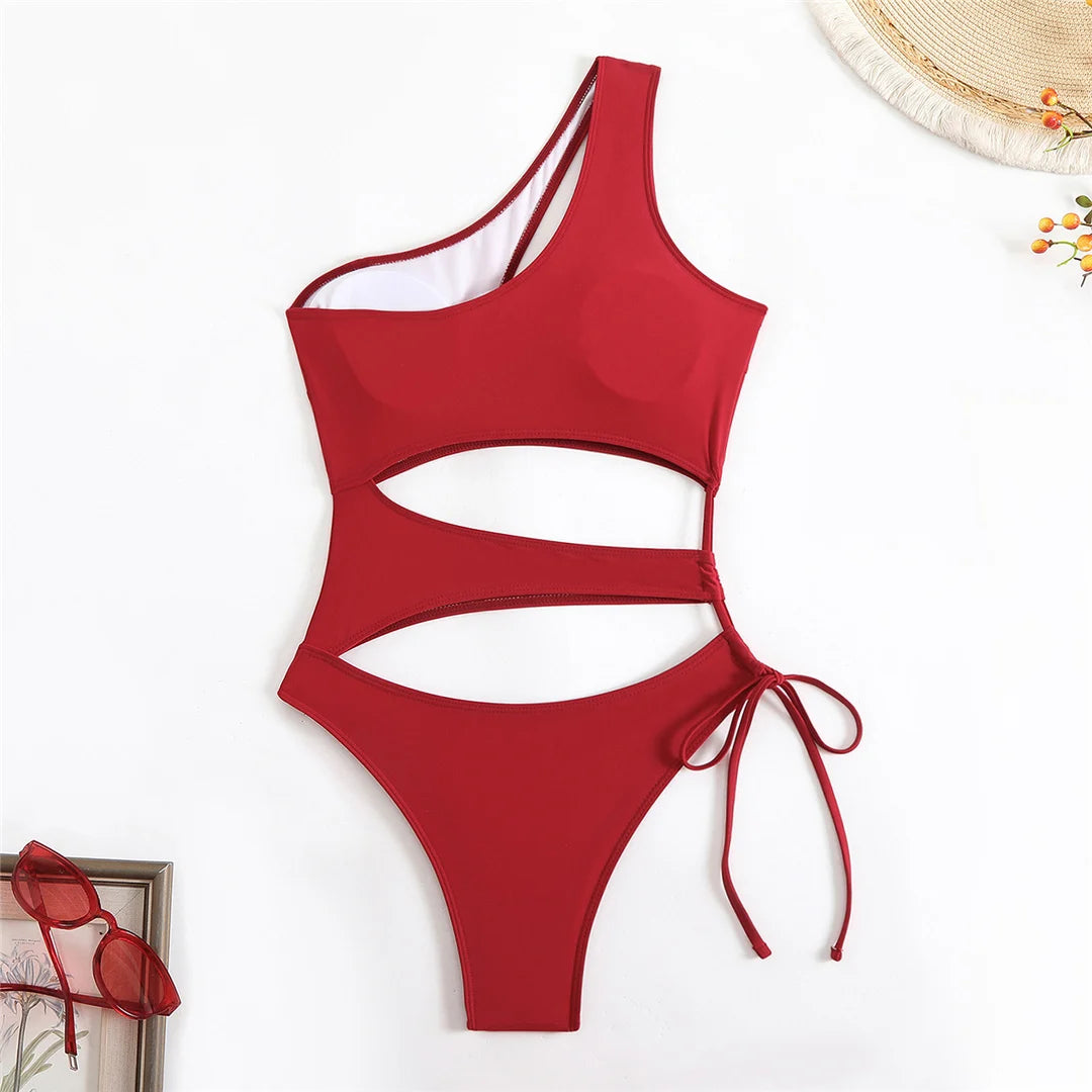 Cut Out Asymmetric One Shoulder One Piece Swimsuit Women Swimwear Female Monokini High Leg Cut Bather Bathing Suit Swim V6254