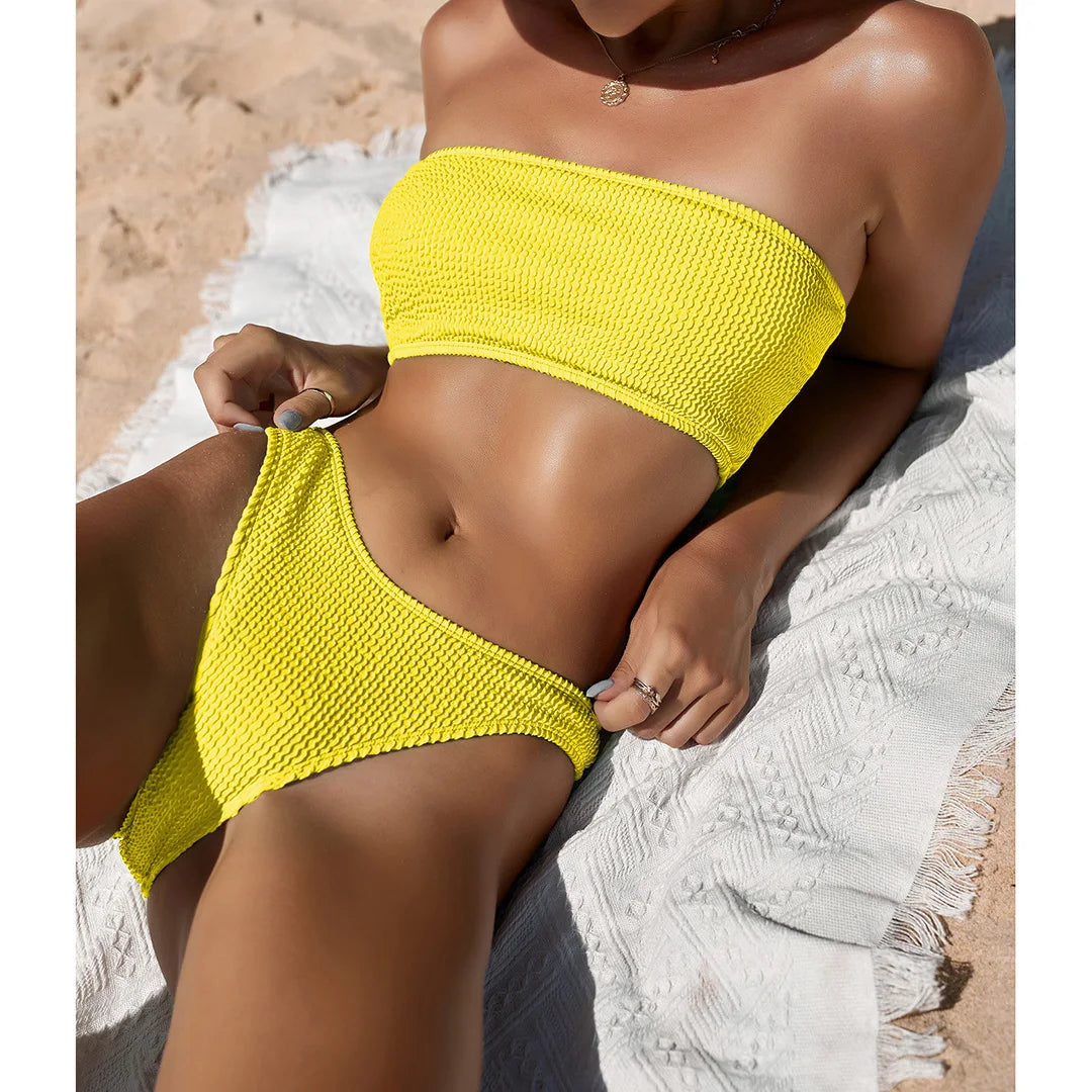 Bandeau Wrinkled Crinkled Bikini Female Swimsuit Women Swimwear Two-Pieces Bikini Set High Cut Bather Bathing Suit Swim V3314