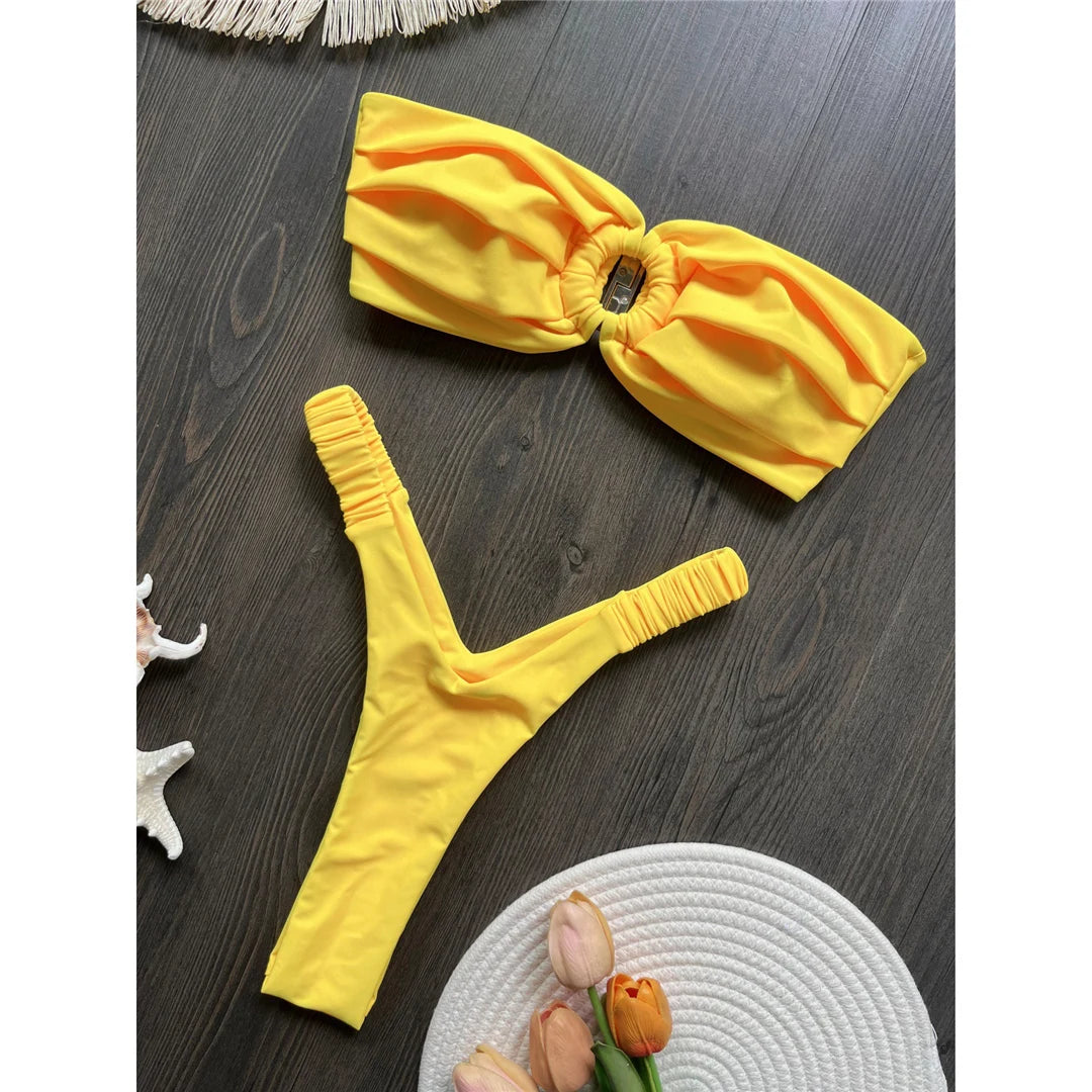 Wrinkled Bandeau High Cut Mini Thong Bikini Female Swimsuit Women Swimwear Two-Pieces Bikini Set Bather Bathing Suit Swim V6085