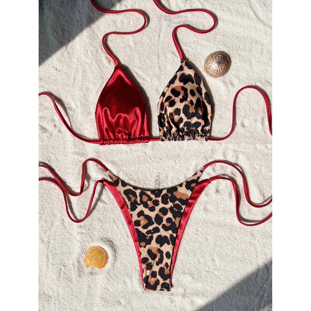 XS - L Leopard Halter Splicing Satin Bikini Female Swimsuit Women Swimwear Two-piece Bikini set Bather Bathing Suit Swim V4752SW