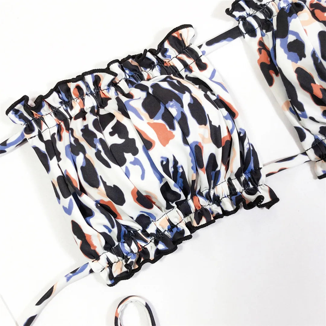 Sexy Leopard Bandeau Brazilian Bikini Swimsuit Female Swimwear Women Two-Pieces Bikini Set Pleated Bather Bathing Suit V1242L