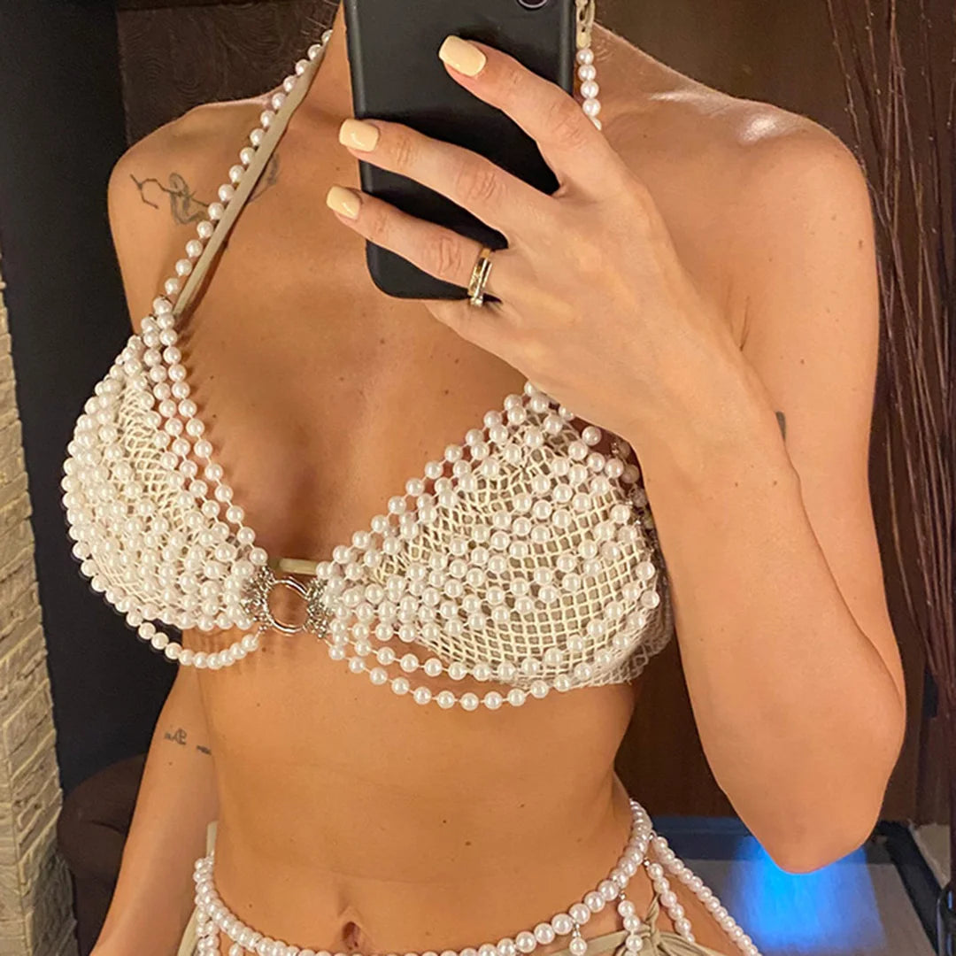 Luxury Pearls Halter See Through Bikini Top Female Swimsuit Women Swimwear Bather Bathing Suit Swim Hollow Out Beach Top V5407
