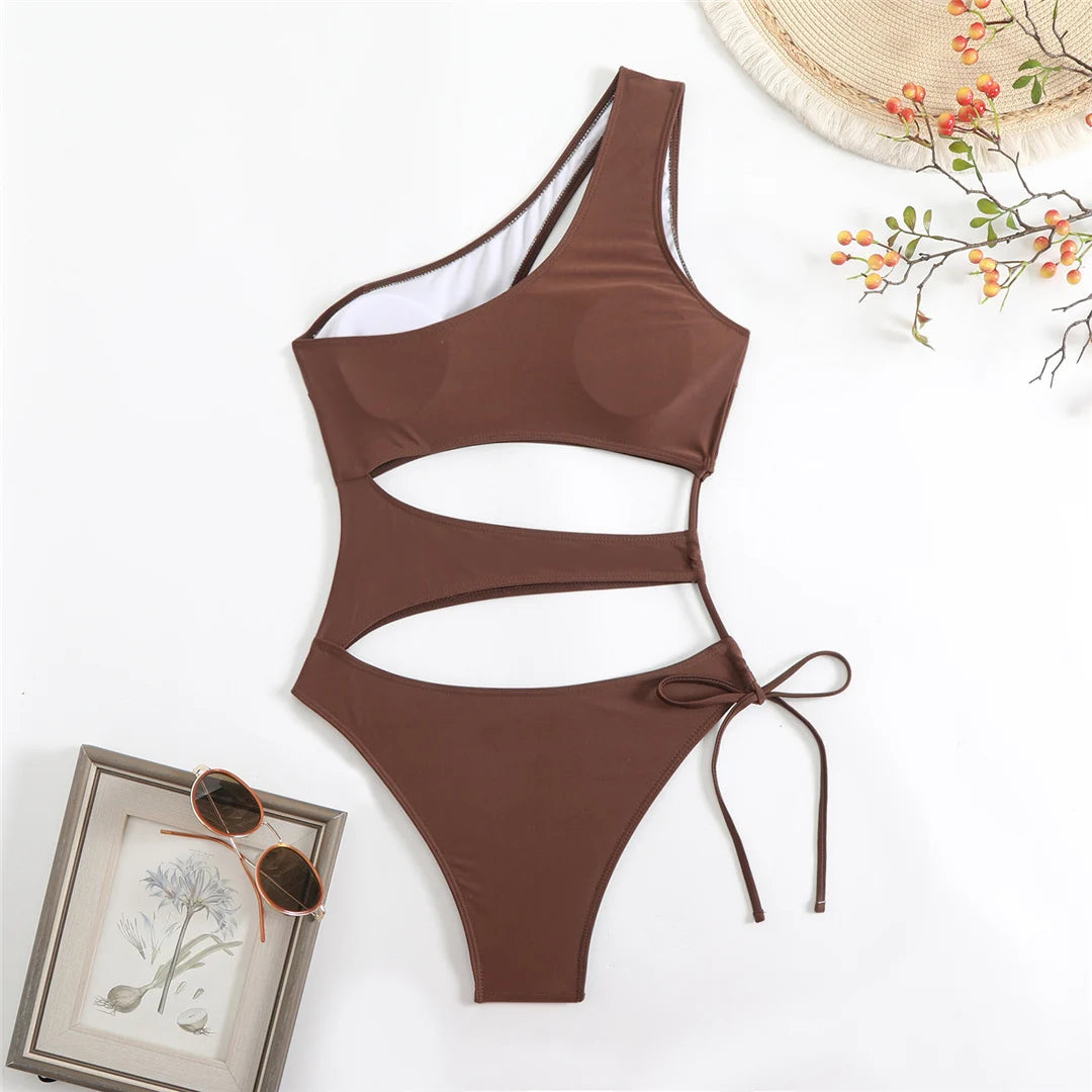 Cut Out Asymmetric One Shoulder One Piece Swimsuit Women Swimwear Female Monokini High Leg Cut Bather Bathing Suit Swim V6254