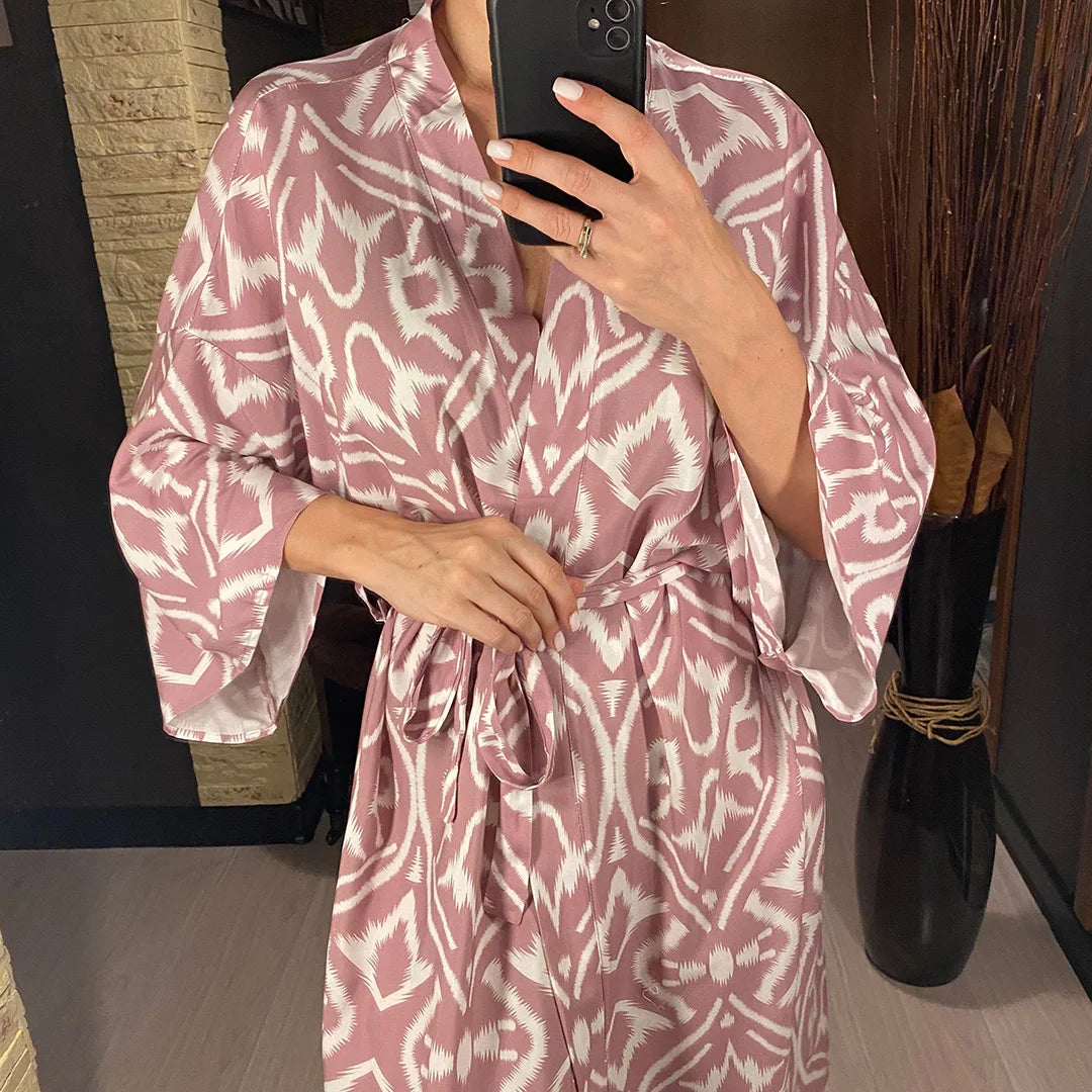 Printed Long Sleeve With Belt V Neck Beach Dress Beach Wear Beachwear Beach Cover Up Cover-upsWomen sunscreen clothing V6174