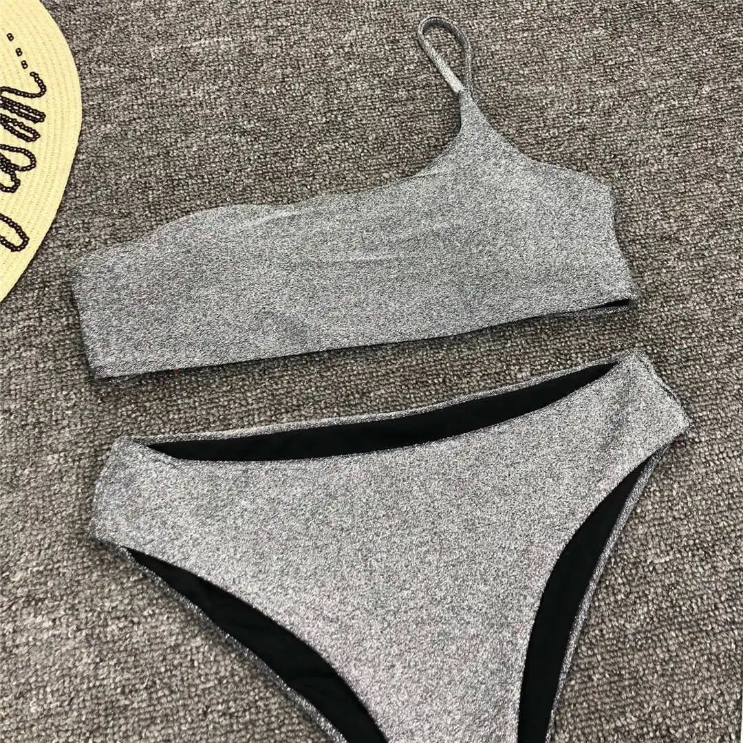 Shiny Glitter Sparkling High Waist Bikini Female Swimsuit Women Swimwear Two-Pieces Bikini Set One Shoulder Bathing Suit V1264