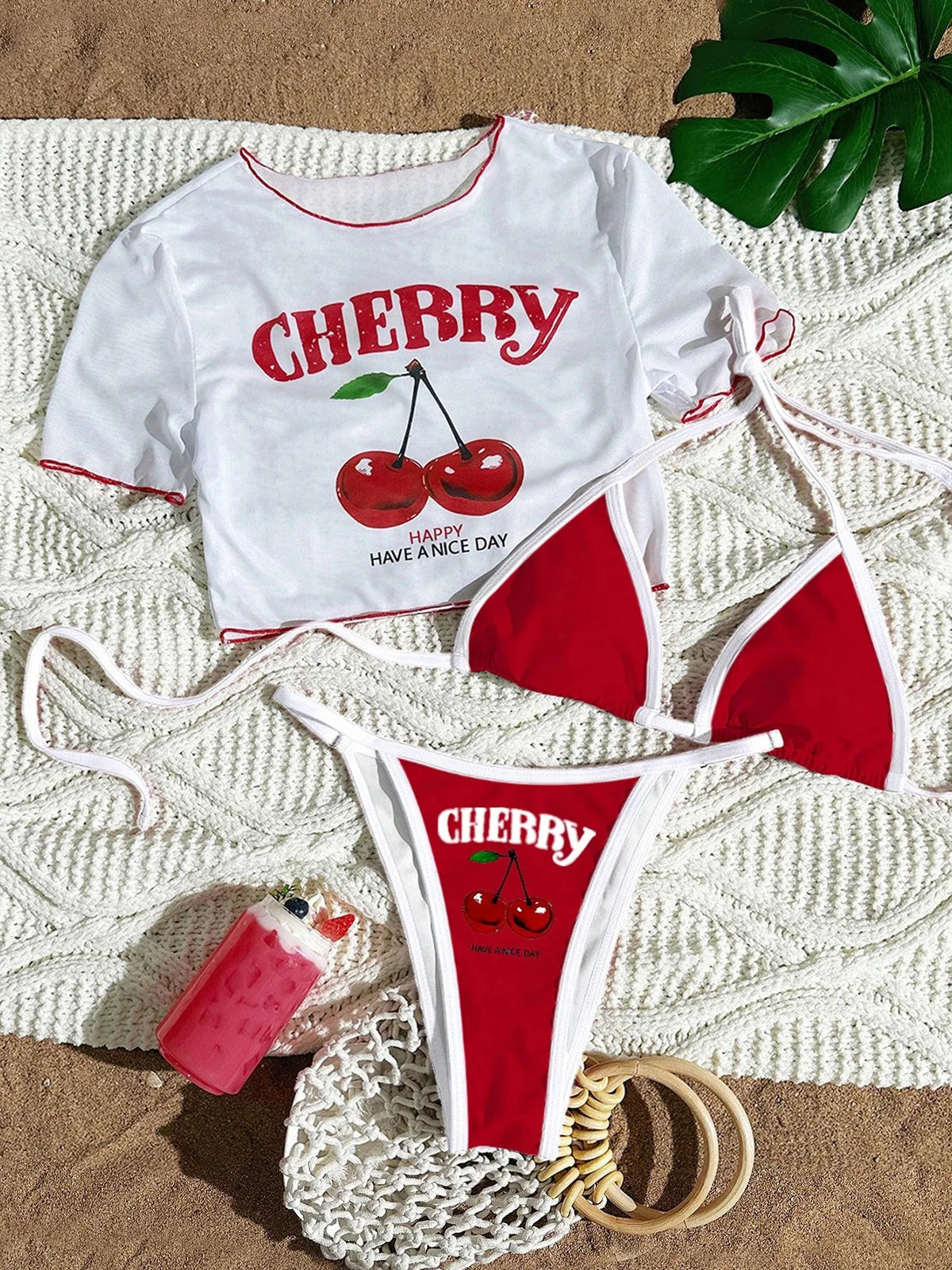 S -XL Cherry Printed Short Sleeve Bikini Female Swimsuit Women Swimwear Three-Pieces Bikini Set Bather Bathing Suit Swim V6854