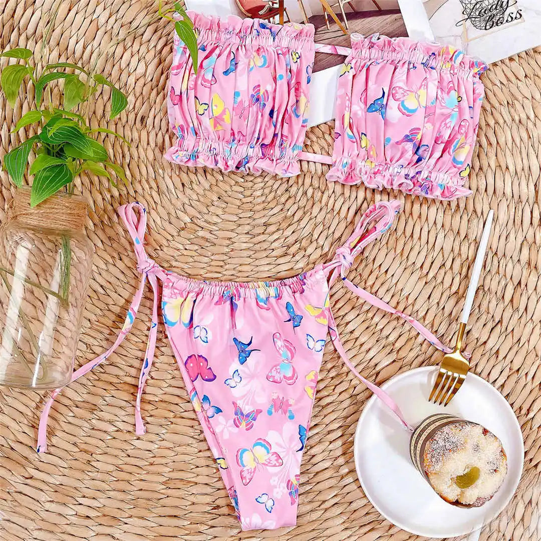 Sexy Leopard Bandeau Brazilian Bikini Swimsuit Female Swimwear Women Two-Pieces Bikini Set Pleated Bather Bathing Suit V1242L