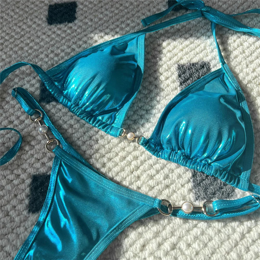 New PU Faux Leather Halter Mini Thong Bikini Female Swimsuit Women Swimwear Two-Pieces Bikini Set Bather Bathing Suit Swim V5206