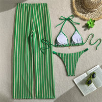 With Pants Striped Halter Bikini Female Swimsuit Women Swimwear Three-Pieces Bikini Set Brazilian Bather Bathing Suit Swim V7838