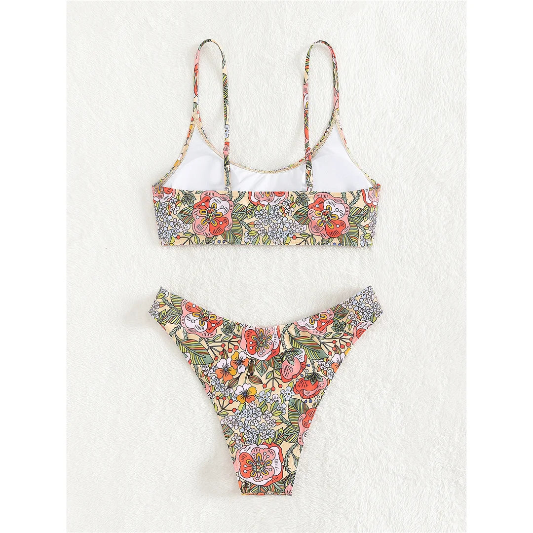 Floral Printed Brazilian Mid Waist Bikini Women Swimwear Female Swimsuit Two-Pieces Bikini Set Bather Bathing Suit Swim V5002