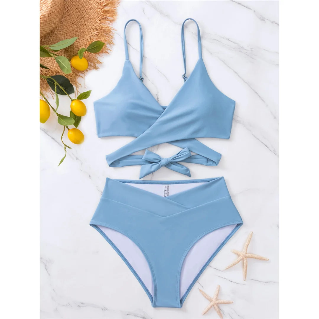 S - XL New 7 Colors V Neck High Waist Bikini Female Swimsuit Women Swimwear Two-Pieces Bikini Set Bather Bathing Suit Swim V5006