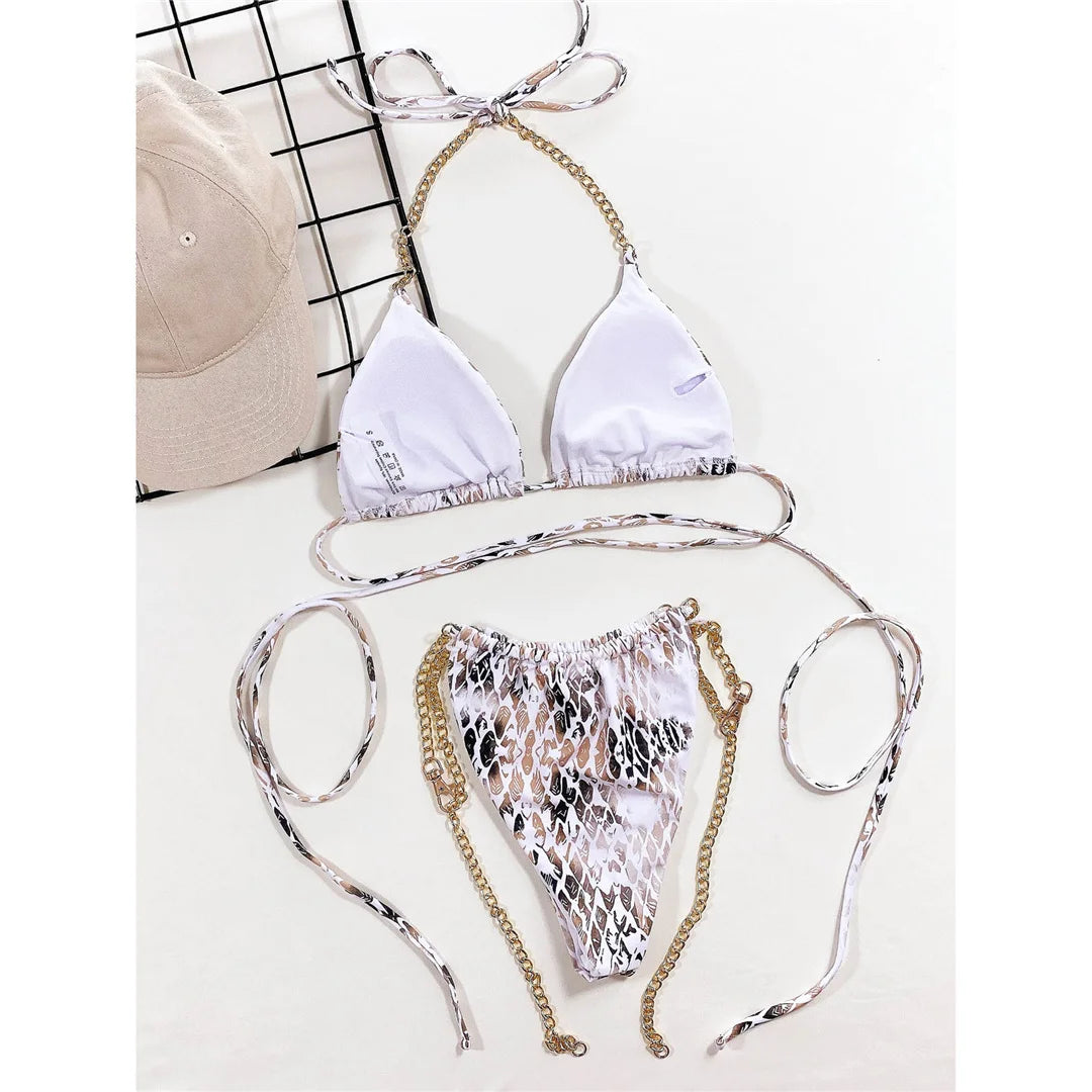 Snake Skin Printed Metal Chain Halter Bikini Women Swimwear Female Swimsuit Two-Pieces Bikini Set Bather Bathing Suit Swim V3233