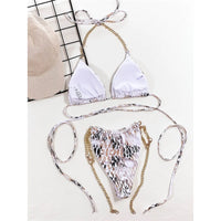 Snake Skin Printed Metal Chain Halter Bikini Women Swimwear Female Swimsuit Two-Pieces Bikini Set Bather Bathing Suit Swim V3233