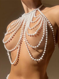 Luxury Pearls Halter See Through Bikini Top Female Swimsuit Women Swimwear Bather Bathing Suit Swim Hollow Out Beach Top V5407
