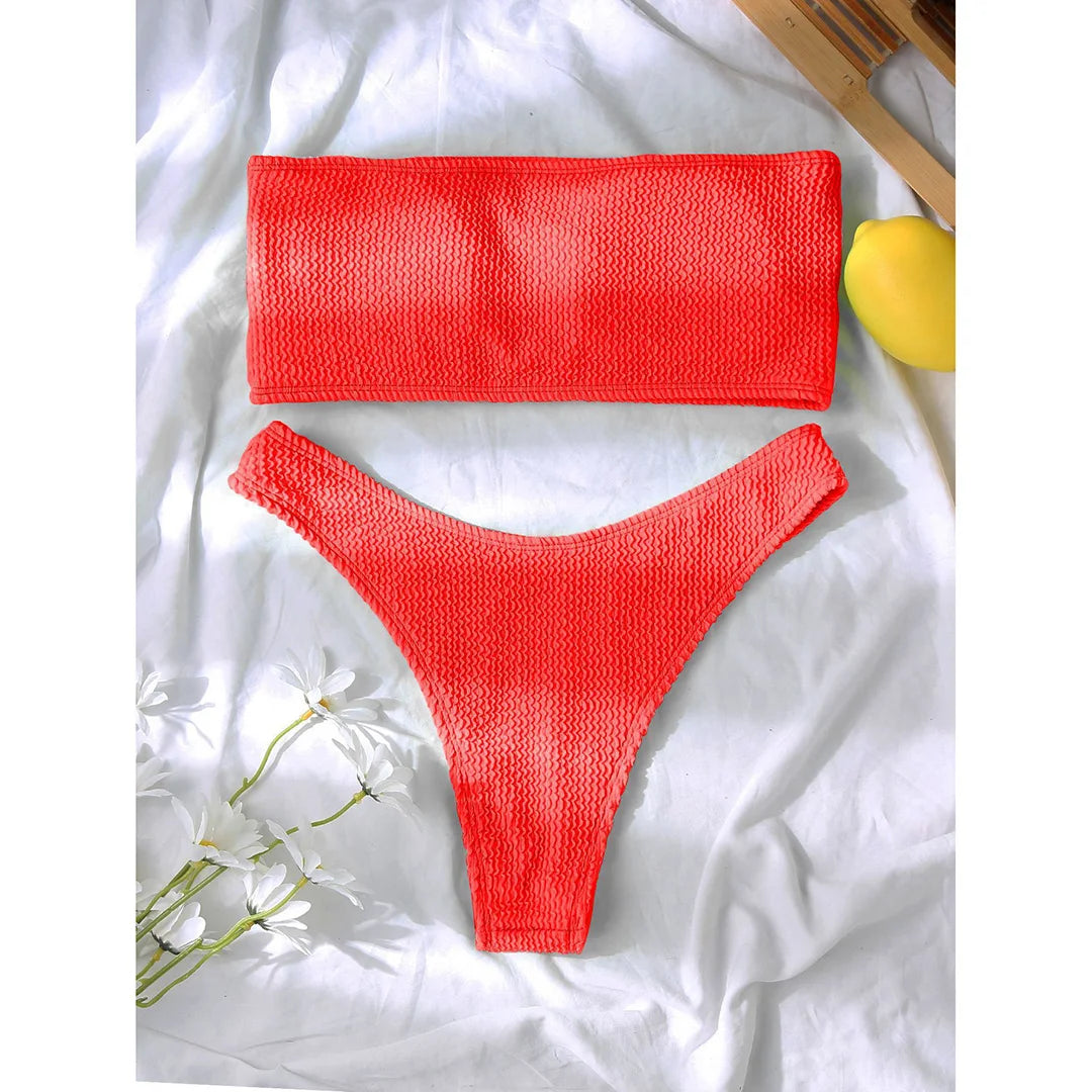 Bandeau Wrinkled Crinkled Bikini Female Swimsuit Women Swimwear Two-Pieces Bikini Set High Cut Bather Bathing Suit Swim V3314