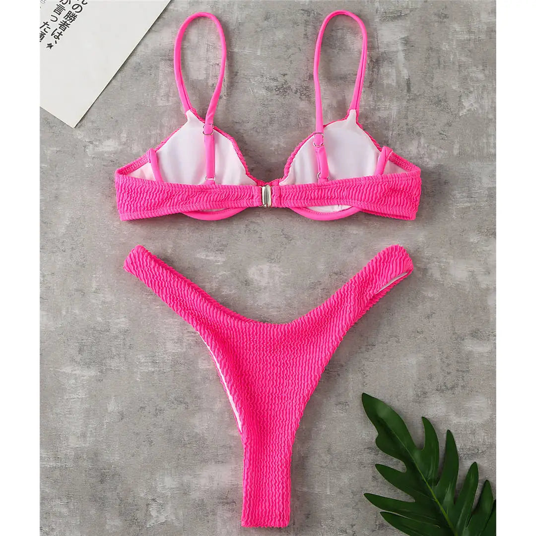 New Ribbed Underwired High Cut Bikini Swimsuit Female Swimwear Women Two-Pieces Bikini Set Thong Bather Bathing Suit Swim V2697B