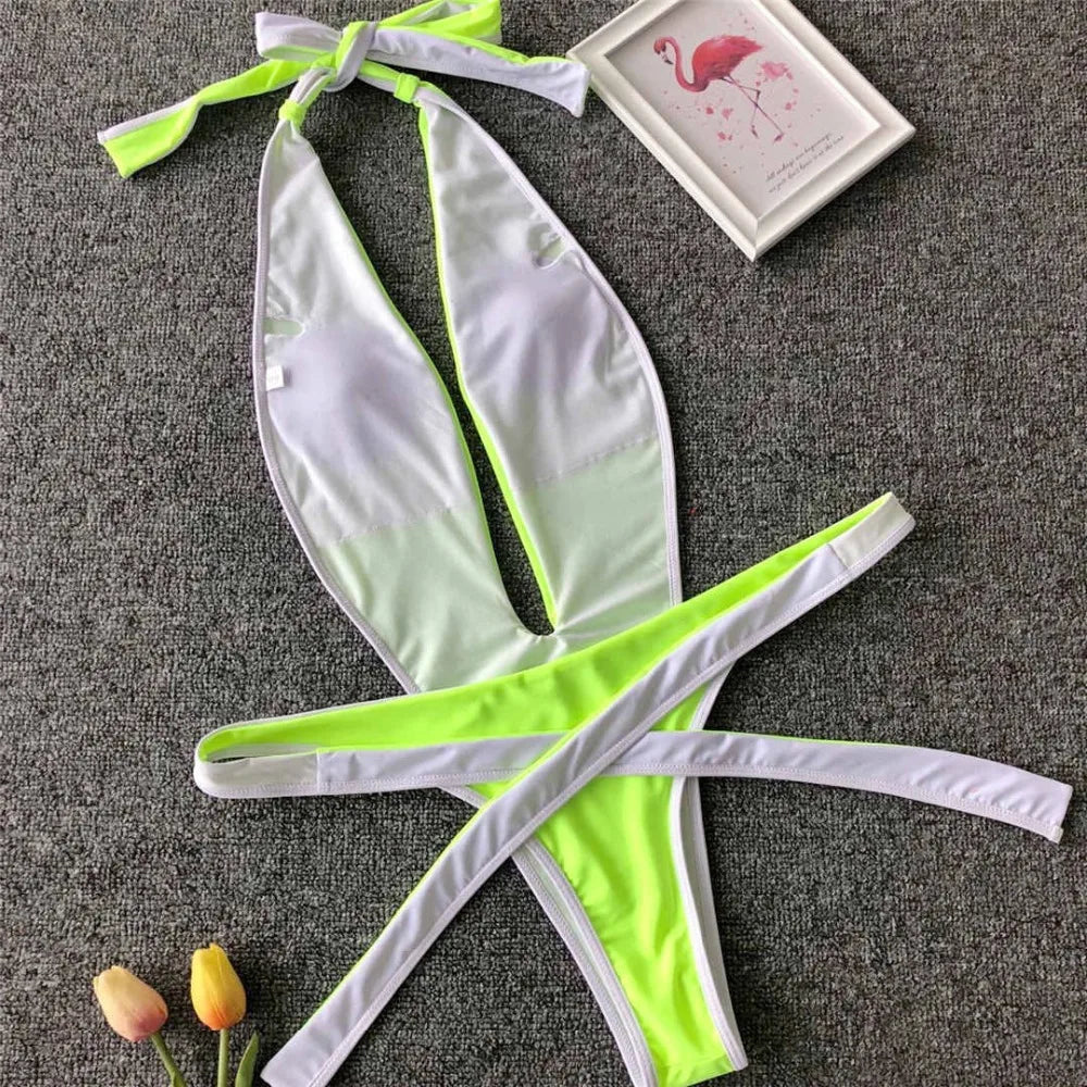 2026 Neon Green Women Swimwear High Cut Backless One Piece Swimsuit Female Bather Sexy Halter Bathing Suit Swim Monokini V1336G