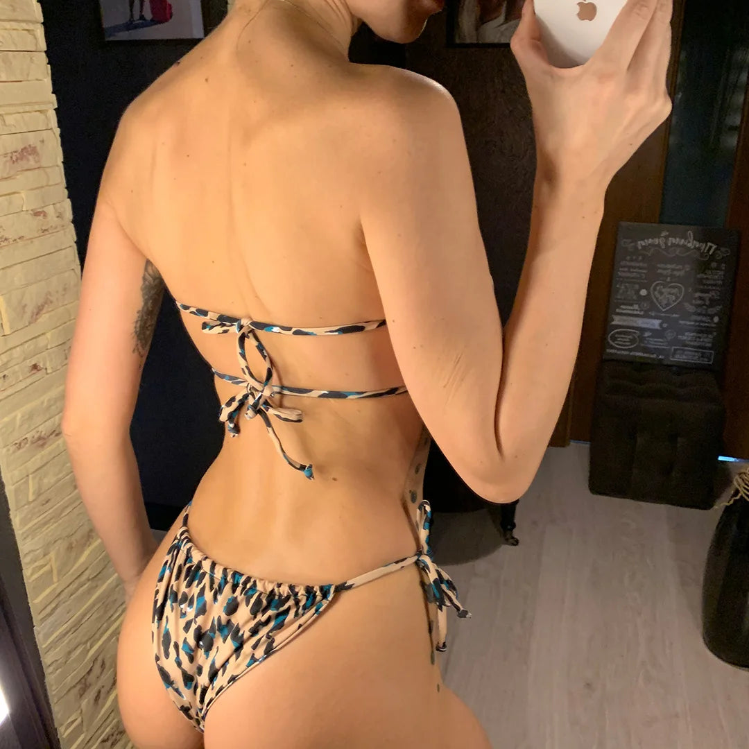 Sexy Leopard Bandeau Brazilian Bikini Swimsuit Female Swimwear Women Two-Pieces Bikini Set Pleated Bather Bathing Suit V1242L